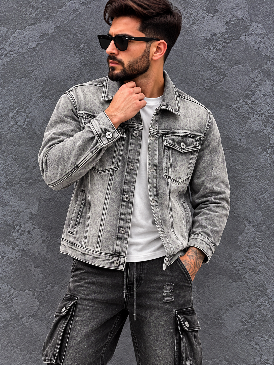 SGJY1685 DENIM SIGNATURE GREY – Мъжко дънково яке с релефна текстура - Image 1